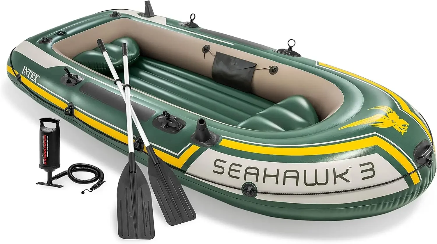 Fishing Rod Boat - INTEX 66332EP シーホーク2 インフレータブルボートセット：高級48インチアルミニウム製オールと高出力ポンプ、超耐久性PVC素材、釣り竿ホルダー、2人乗り、耐荷重520ポンド