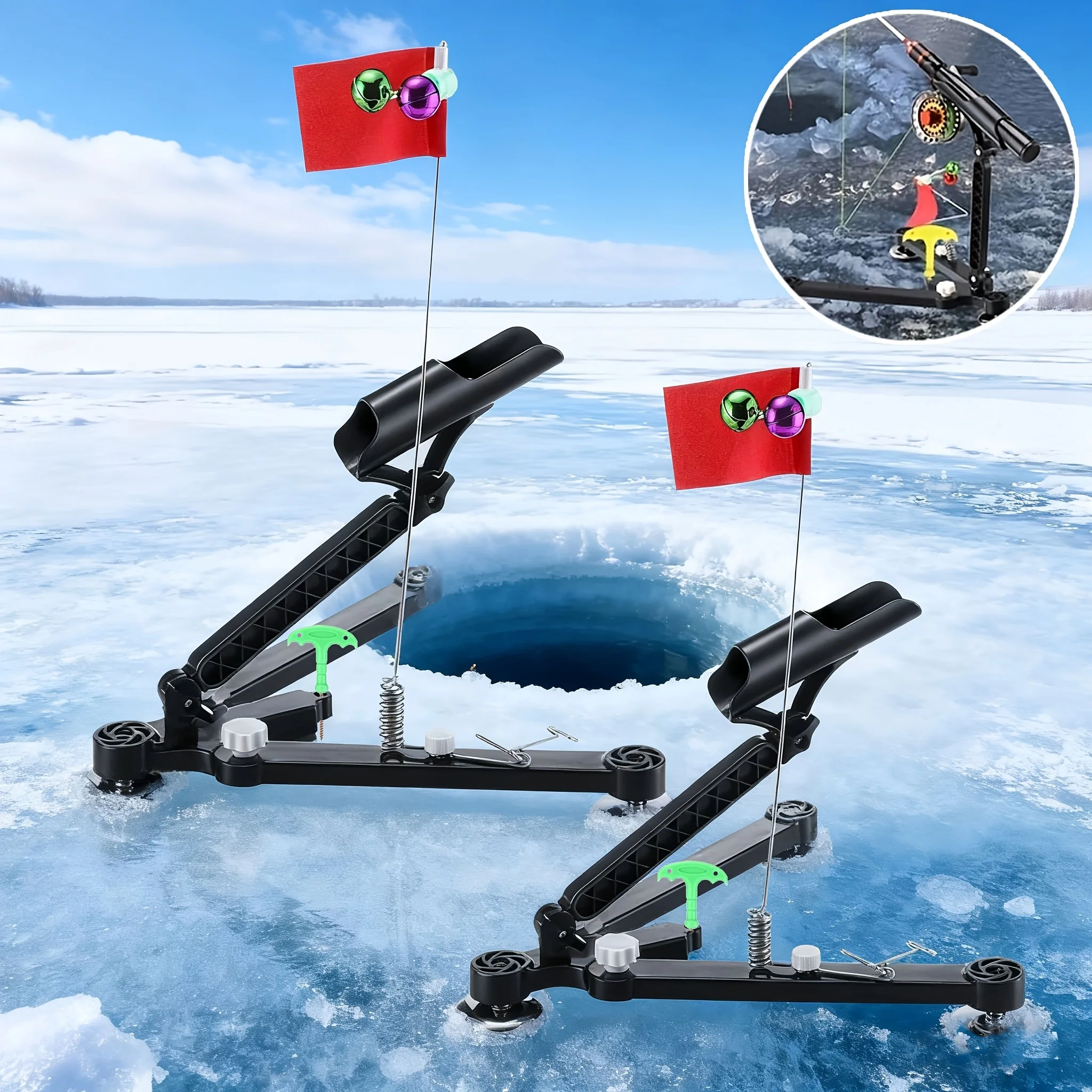 Fishing Rod Ice - アイスフィッシング用ロッドホルダー1セット - フィッシングベル（色はランダム）、旗、折りたたみ式ロッドホルダー、およびアイスフィッシング用アクセサリー