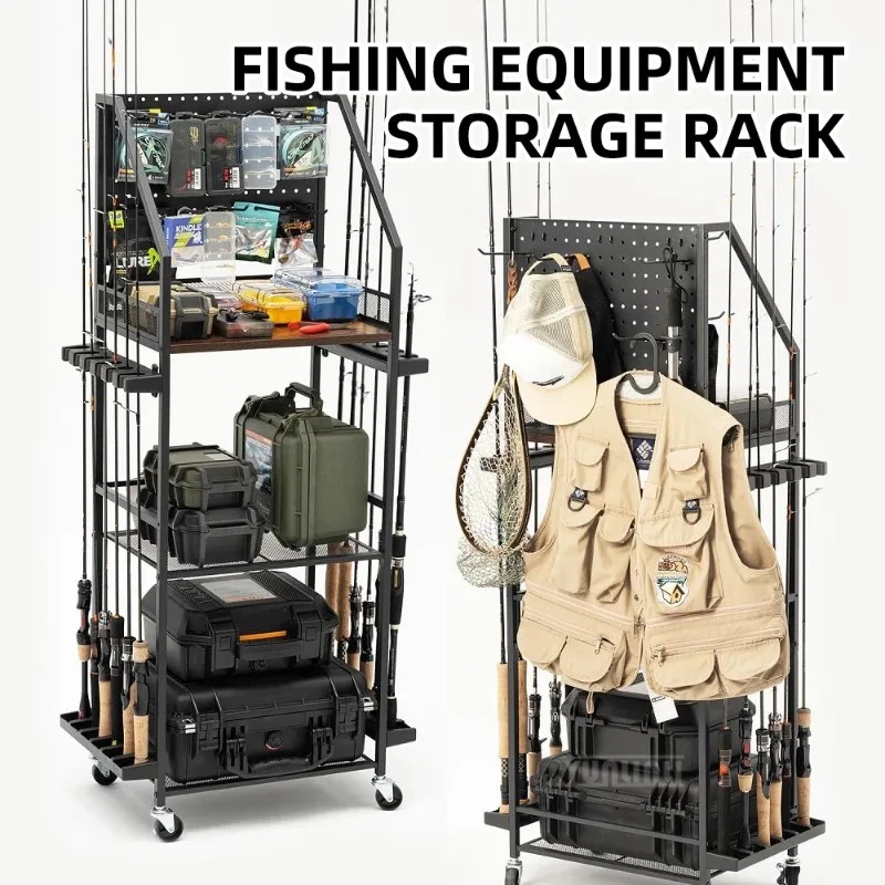Fishing Rod Combo - 釣り道具収納棚、釣り竿とリールを収納できるガンラック風のタックルオーガナイザー、家庭や車内での多目的収納に最適。